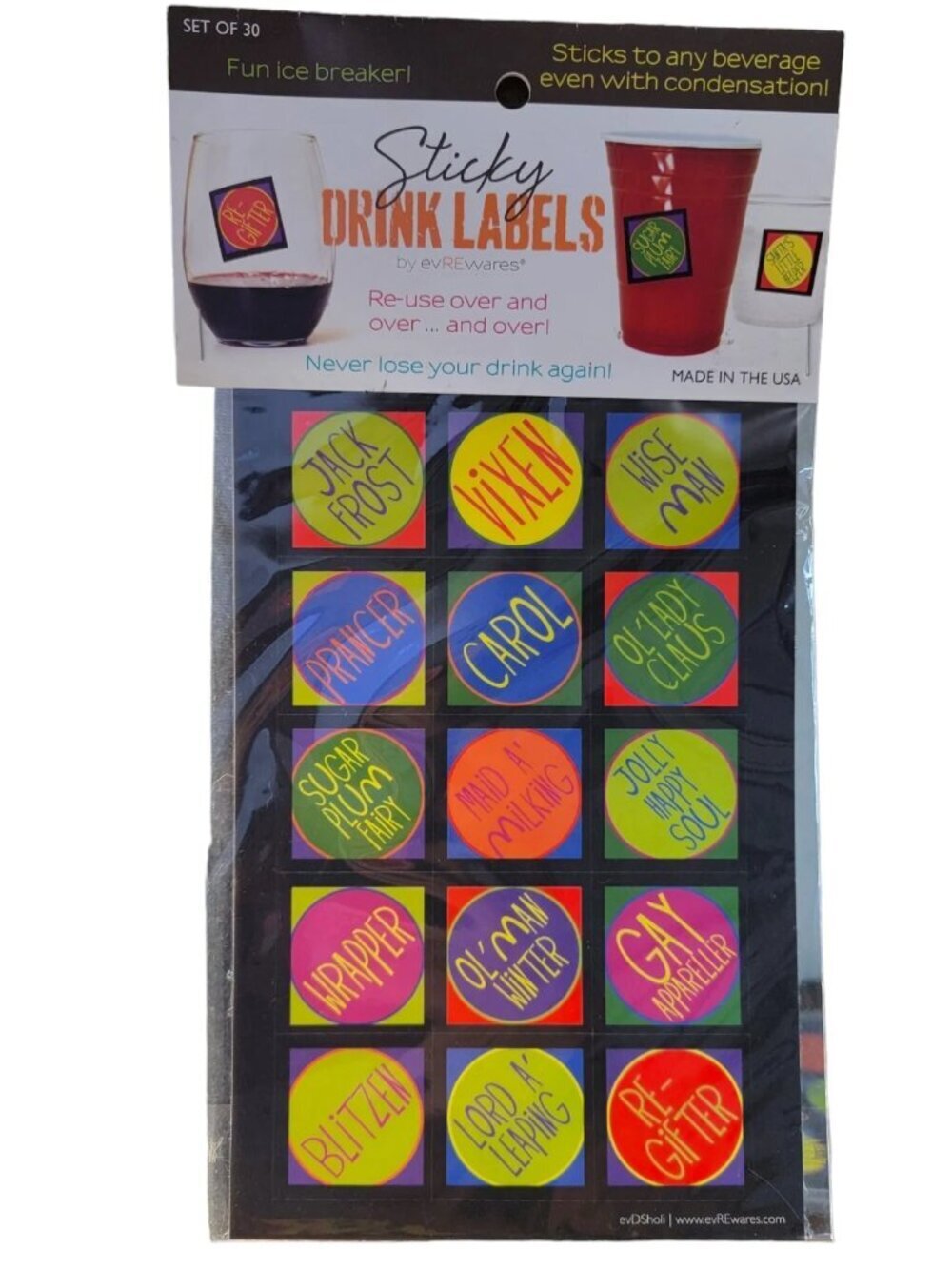 30 Reusable Holiday Drink Labels Sticky Drink Labels Reusable Holiday Barware - Picture 2 of 2